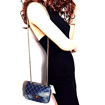 66966-LP Quilted Denim Turn-Lock Cross-body Shoulder Bag