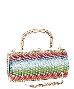 RHINESTONE Rainbow Print Cylinder Box Clutch