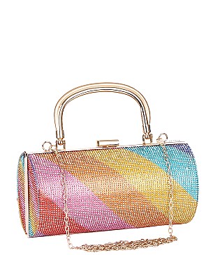 RHINESTONE Rainbow Print Cylinder Box Clutch