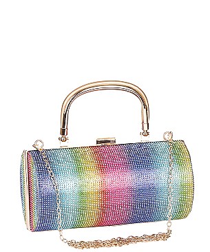 RHINESTONE Rainbow Print Cylinder Box Clutch