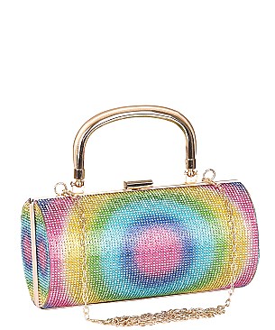 RHINESTONE Rainbow Print Cylinder Box Clutch