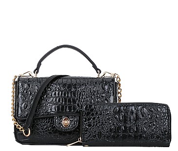 Crocodile Top-Handle Medium Flap Shoulder Bag Wallet Set