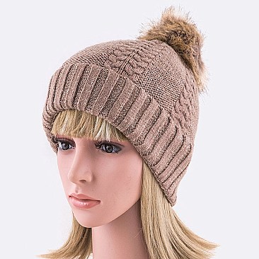 Faux Fur Cable Knit Wool Blend Beanie LA-7069