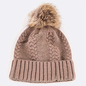 Faux Fur Cable Knit Wool Blend Beanie LA-7069