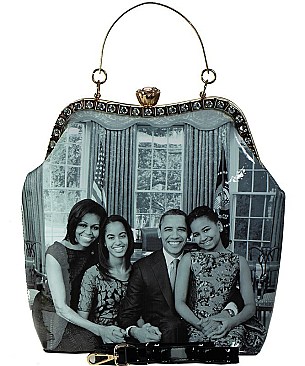 The Obamas Fashion Magazine Print Patent Faux Leather Handbag With Gold Embellishments JP7211
