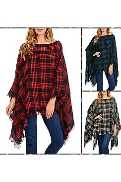 Pack of 6 (pieces) Assorted Plaid Pattern Fringe Poncho FM-WSF196