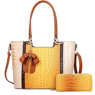 2 IN 1 RIBBON ACCENT ALLIGATOR SATCHEL WALLET SET