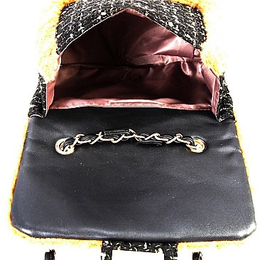Faux-Fur Detail Tweed Turn-lock Flap Shoulder Bag MH-7689D
