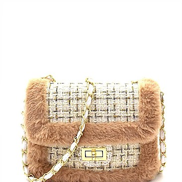 Faux-Fur Detail Tweed Turn-lock Flap Shoulder Bag MH-7689D