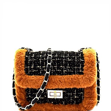 Faux-Fur Detail Tweed Turn-lock Flap Shoulder Bag MH-7689D