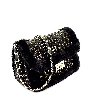 Faux-Fur Detail Tweed Turn-lock Flap Shoulder Bag MH-7689D