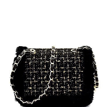 Faux-Fur Detail Tweed Turn-lock Flap Shoulder Bag MH-7689D