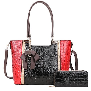 2 IN 1 RIBBON ACCENT ALLIGATOR SATCHEL WALLET SET