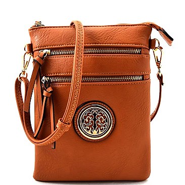 Elaborate Emblem Style Multi-Pocket Cross Body Bag