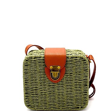 Woven Bamboo Push-Lock Boxy Crossbody Shoulder Bag MH-PPC5926