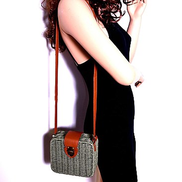 8033P-LP Woven Bamboo Push-Lock Boxy Crossbody Shoulder Bag