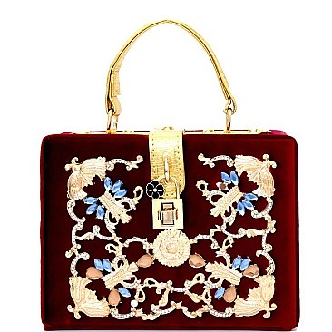 P8860-100-LP Rhinestone and Hardware Embellished Turn-lock Dressy Velvet Boxy Satchel