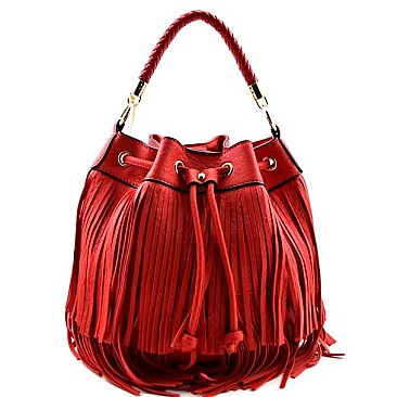 Genuine Round Fringed Drawstring Hobo