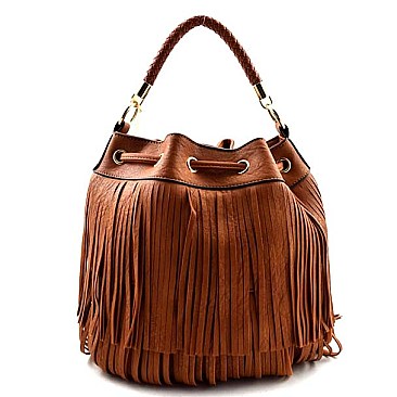 Genuine Round Fringed Drawstring Hobo