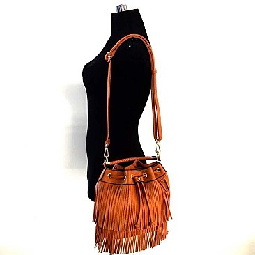 Genuine Round Fringed Drawstring Hobo