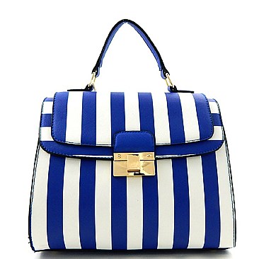 Striped Print Flap Top Push Lock Satchel