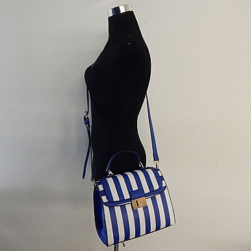 Striped Print Flap Top Push Lock Satchel