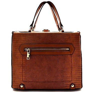 Gold Accent Lizard Skin Print Boxy Shape Satchel