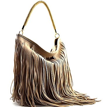 Double Sided Drawsting Fringed Braid Handle Hobo