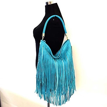 Double Sided Drawsting Fringed Braid Handle Hobo