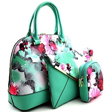 Flower Print 3-Pieces Set Dome Satchel - 3 IN ONE