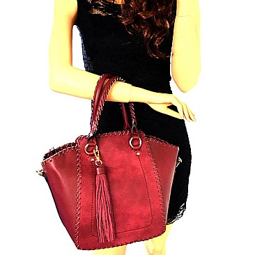 81243-LP Tassel Accent Whipstitched Tall Tote