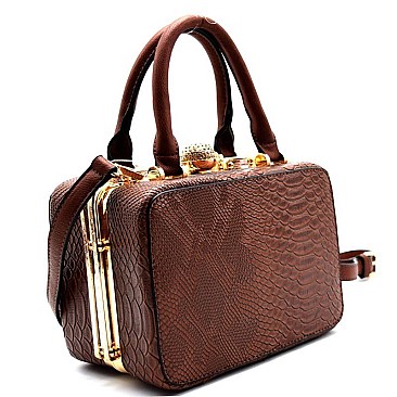 8135-LP Snake Print Embossed Jewel-top Medium Size Satchel