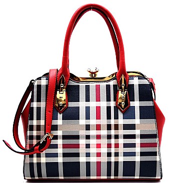 Plaid Print Jewel-top Metal Frame Satchel