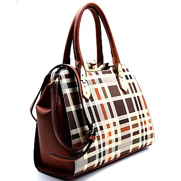 Plaid Print Jewel-top Metal Frame Satchel