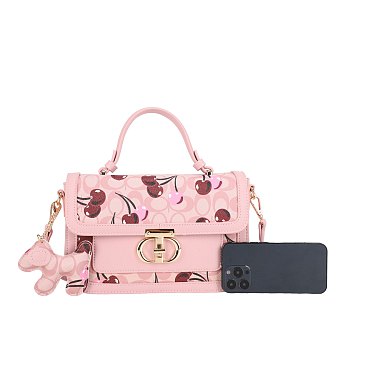 2- in-1 Oval Chery Print Monogram Satchel Set + KeyChain Charming & Wallet