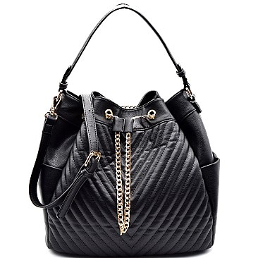 87136-LP Chain Drawstring Chevron Quilted Bucket Hobo