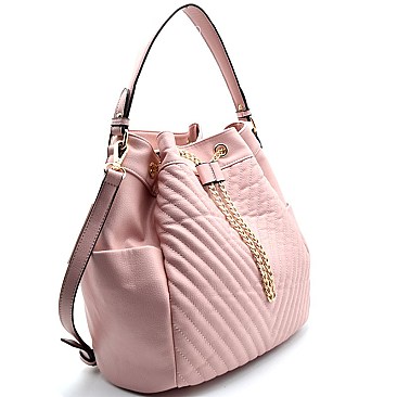 87136-LP Chain Drawstring Chevron Quilted Bucket Hobo