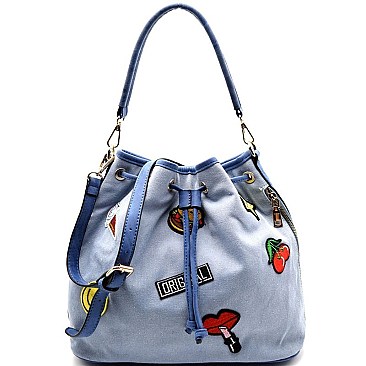 87208-LP Cartoon Emoji Patch Canvas Drawstring Hobo