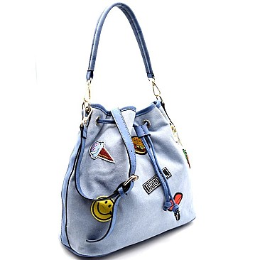 87208-LP Cartoon Emoji Patch Canvas Drawstring Hobo