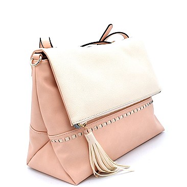 87244-LP Tassel Accent Stitched 2 Tone 2 Way Shoulder Bag