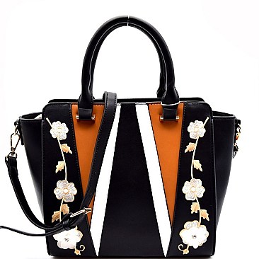 87245-LP  Flower Embroidery Colorblock 2 Way Wing Satchel