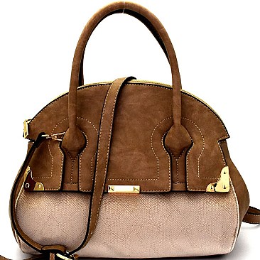 87461-LP Snake Print Embossed Velvet Accent Flap Dome Satchel