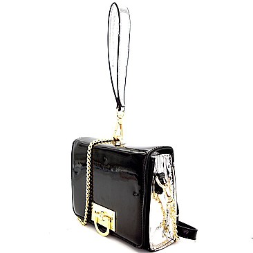 87493-LP Color Block Metallic Flap Cross Body with Wrist Strap