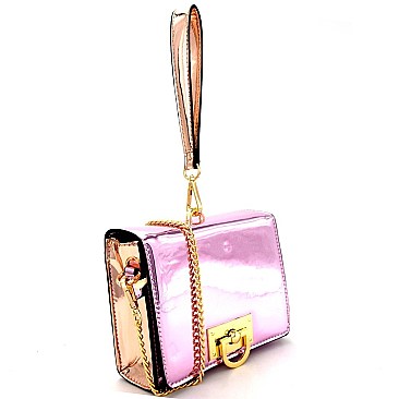 87493-LP Color Block Metallic Flap Cross Body with Wrist Strap