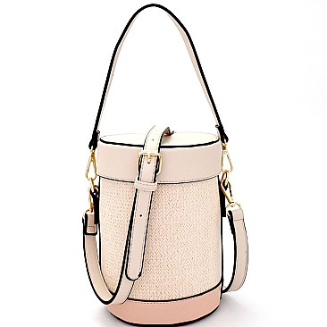 87543-LP Color Block Woven Straw Barrel-Shaped Shoulder Bag