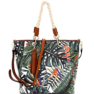 87610A-LP  Tassel Accent Tropical Print Rope Handle Tote