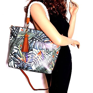 87610A-LP  Tassel Accent Tropical Print Rope Handle Tote