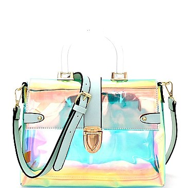 87627-LP Plastic Handle Accent Hologram Clear Push-Lock Satchel