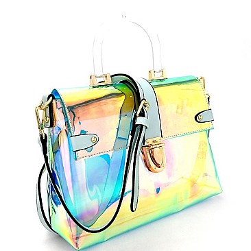 87627-LP Plastic Handle Accent Hologram Clear Push-Lock Satchel