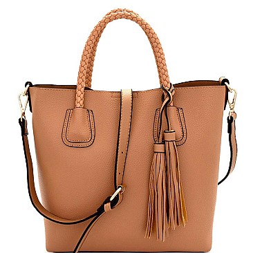 87677-LP Braided Strap Tassel Accent 2 in 1 Classy Tote